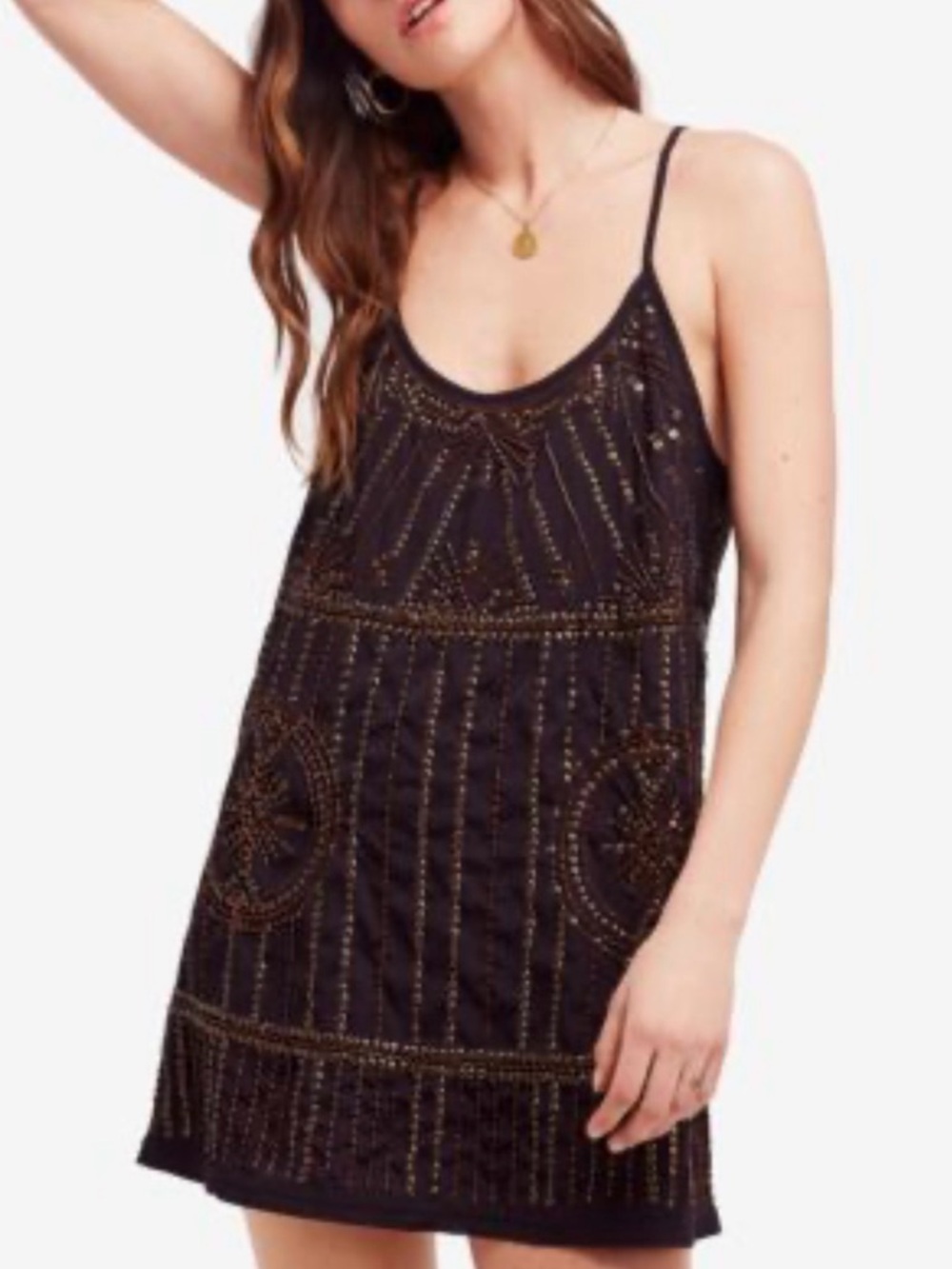 Free People Sedona Embellished Mini Slip Dress in Black Size Large
